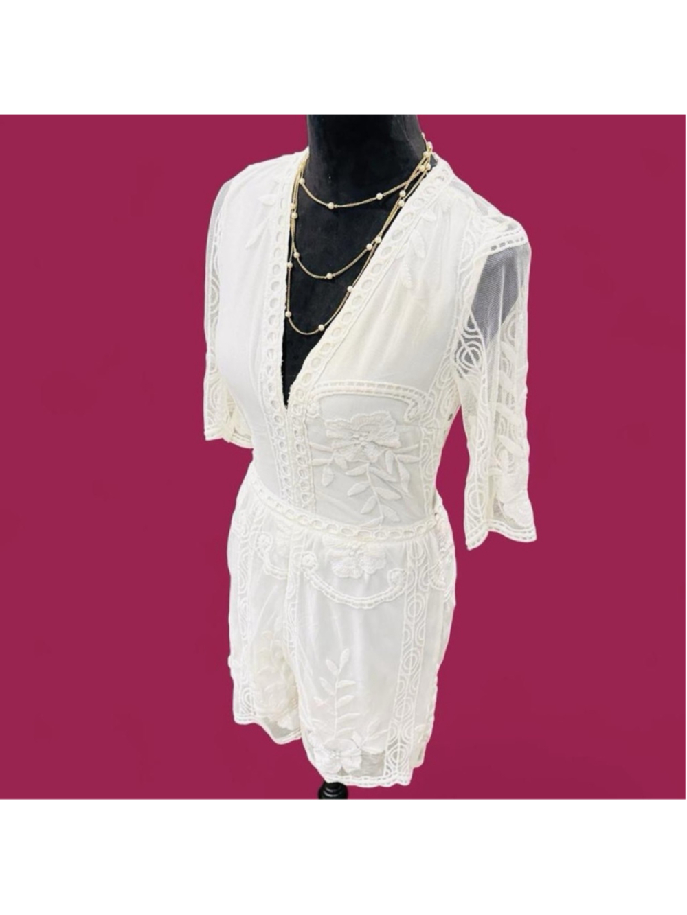 Parisian White Lace Romper Womens Size 4 Bridal Boho Sheer Embroidered Playsuit